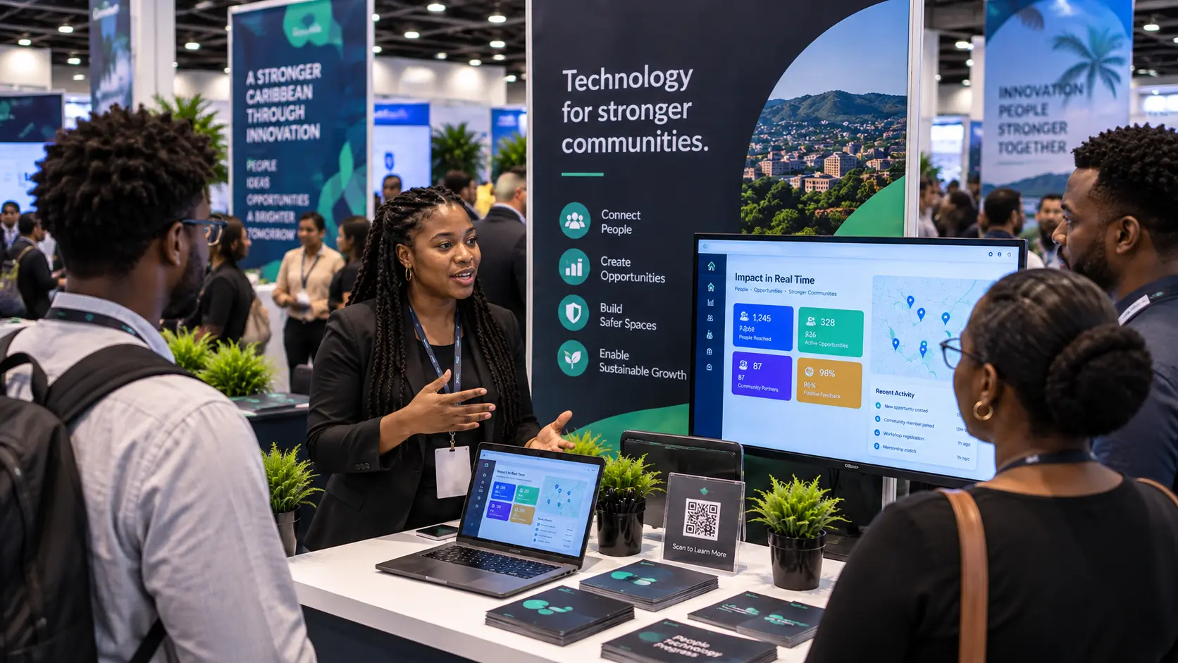 Caribbean technology founders demonstrating a community platform on the Expo floor